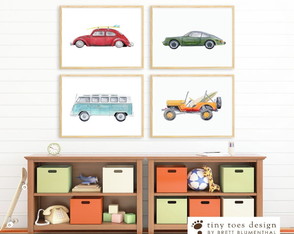 Kit 4 quadro decorativo infantil carros aquarela fusca