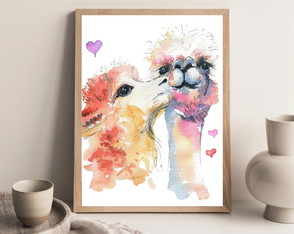 Quadro Decorativo decoração aquarela casal de lhama love A3