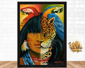 Quadro decorativo arte indio com onça pintada amazonia A3 78