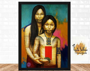 Quadro decorativo arte indio amazonia mae e filho A3