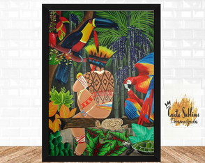 Quadro decorativo arte indio arara e tucano amazonia A3