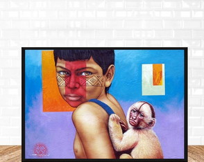 Quadro decorativo arte menino indio com macaco amazonia A3