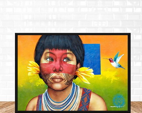 Quadro decorativo arte indio com beija flor amazonia A3