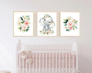 Kit 3 quadro infantil menina flores e bebe elefante