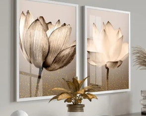 Quadro Decorativo com Moldura e Vidro Flores Bege 2 Peças