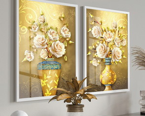 Quadro Decorativo com Vidro 2 Peças Flores Moderno Neutro