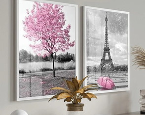 Quadro Decorativo Paris Torre Eiffel Árvore Rosa com Vidro