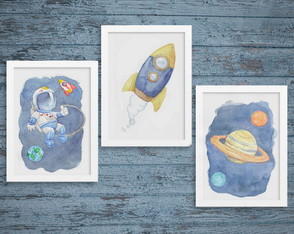 Conjunto de 3 Quadros em Aquarela - Espaço