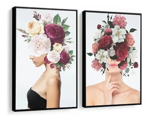 Quadro Decorativo Mulher Flores Coloridas com Moldura