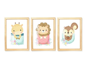 Quadro Decorativo com Vidro Bichinhos para Quarto de Bebê