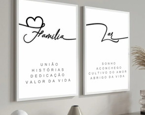 Quadro Decorativo Frases Família Lar Preto e Branco 2 Peças