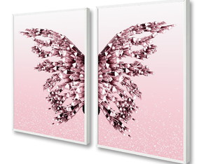 Quadro Decorativo Borboleta Asa Tons de Rosa 2 Peças Moldura