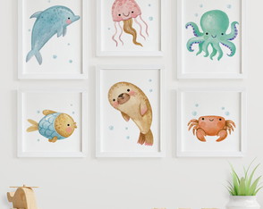 Quadros para Quarto de Bebê Fundo do Mar Animais Marinhos