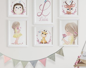 Quadros para quarto de bebê Menina Animais Safari e inicial