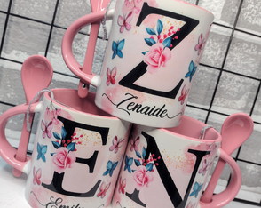 Caneca com Colher Alfabeto Floral