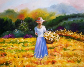 Pintura Á Óleo - Campo de Flores - Pintado a Mão