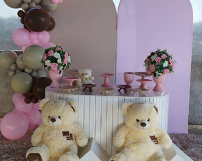 Decoração Chá de Bebê Rosa e Beige. Estamos na Zs/sp