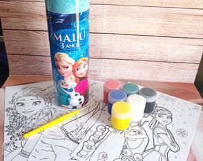 Tubo Lata Cofre com Kit Colorir com Guache, Pincel Frozen