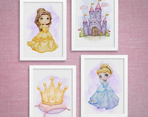 Conjunto de 4 Quadros em Aquarela - Princesas