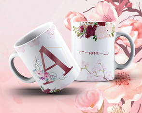 Caneca com Letra Inicial e Nome Floral Marsala