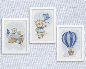 Conjunto de 3 Quadros em Aquarela - Urso