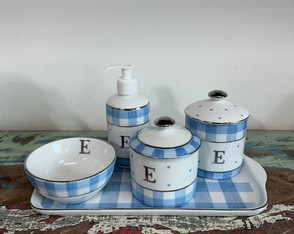 Kit Higiene Xadrez Azul-4 Peças(2 Potes+1 Tigela+1porta Gel)