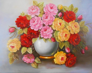 Floral de Rosas Coloridas - Pintura à Óleo