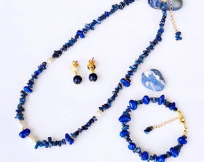 Conjunto Colar + Brincos + Pulseira Pedra Lápis Lazuli