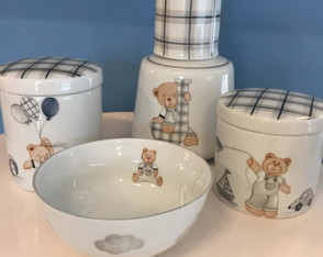 Kit Higiene Xadrez Azul com Urso (4 Pecas)