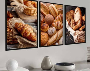 Kit 3 Quadros Decorativos Pão Padaria Trigo Moderno