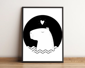 Quadro com Capivara Fofa em Preto e Branco 2183