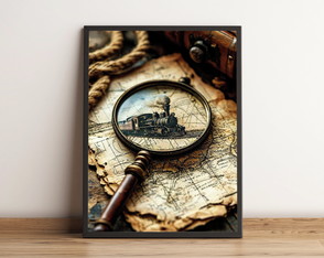 Quadro com Trem Retrô e Lupa Sobre Mapa Antigo 2188