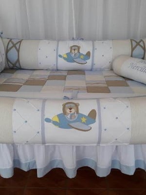 Kit berço bebê ursinho urso aviador joão bege azul 6 peças