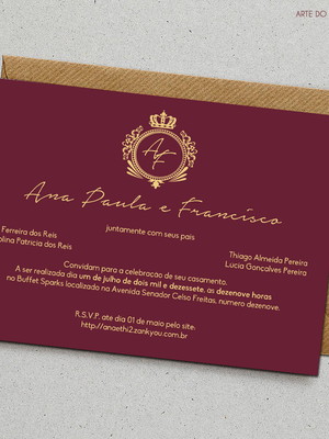 A35: convite marsala e dourado sem envelope