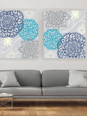 Quadro pintura em par de telas mandala cinza azul 70x80cm