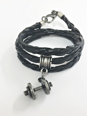Pulseira couro 3 voltas halteres