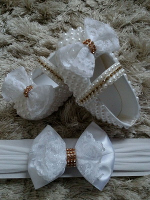 Kit sapatinho de batizado laço de renda