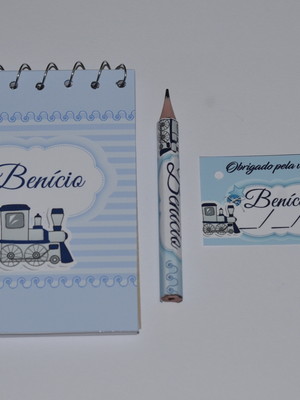Bloquinho personalizado com lápis trenzinho