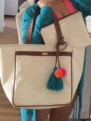 Kit bolsa de praia + clutch impermeável com zíper palha