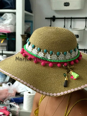 Chapéu de praia palha personalizado c/ renda pompons franjas