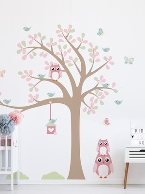 Adesivo de parede quarto arvore baby coruja rosa 128x143cm