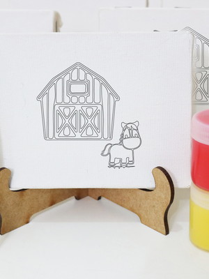 Lembrança kit pintura tela gravada e suporte - fazendinha