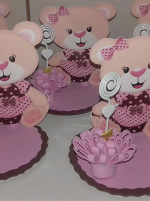 Enfeite de mesa ursinha marrom e rosa