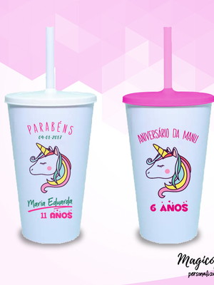 Copo com tampa e canudo para aniversário tema de unicórnio