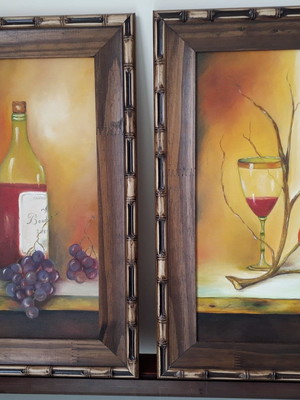 Kit pintura óleo sobre tela, garrafa / taça.