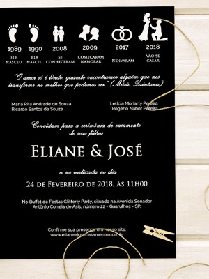 A128: convite de casamento preto com linha do tempo