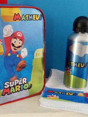 Mochila com garrafa personalizada super mario bros
