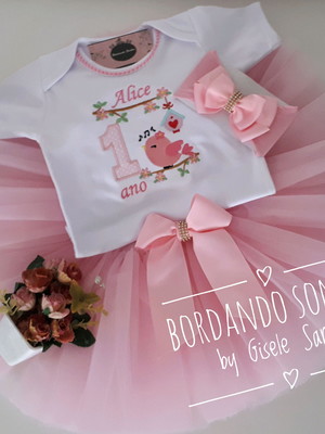Body personalizado e saia tutu - tema passarinho