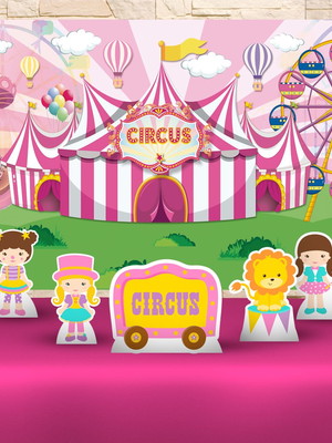 Kit festa decoração prata painel + display circo rosa menina