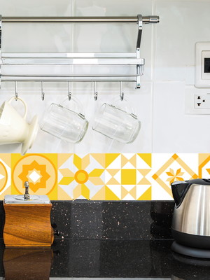 Faixa adesivo azulejos hidráulicos amarelo decoração cozinha